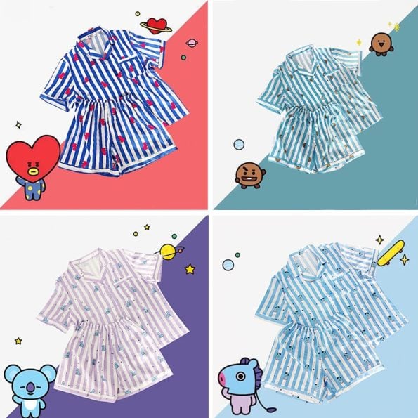 Cartoon-Kpop-Two-Piece-Pajamas-Suit-Kawaii-Bt21-Anime-Short-Sleeved-T-Shirt-Shorts-Homewear-Summer