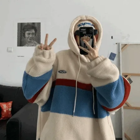 Fleece Hoodies For Men and Women Patchwork Stripe