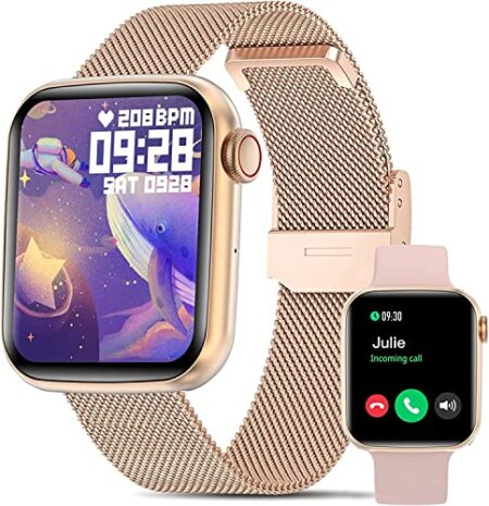 Bebinca Smart Watch for Women [Answer/Make Call] 1.75" Touchscreen Smartwatch for iPhone Android, Waterproof Fitness Tracker with Real-Time Heart Rate/Blood Oxygen Pressure/Sleep Monitor/128MB, Gold
