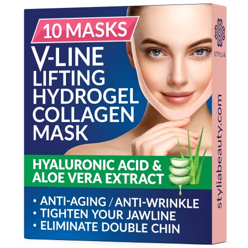 10-Piece-V-Line-Shaping-Face-Masks--Double-Chin-Reducer-Lifting-Hydrogel-Collagen-Mask-with-Aloe-Vera--Anti-Aging-and-Anti-Wrinkle-Band-Contouring-Slimming-and-Firming-Face-Lift-Sheet-0