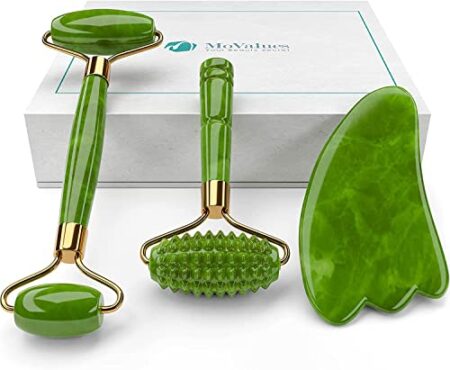 4-in-1 Jade Roller and Gua Sha Set. Jade Face Roller with Eye Massager, Jade Gua Sha, Ridged Roller Massager. Jade…