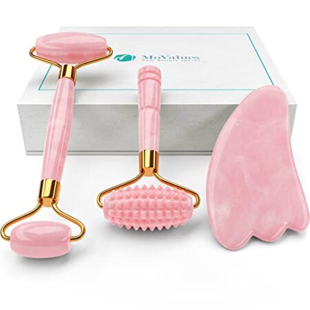 4-in-1 Jade Roller and Gua Sha Set. Rose Quartz Roller with Eye Massager, Jade Gua Sha, Ridged Roller Massager. Jade…