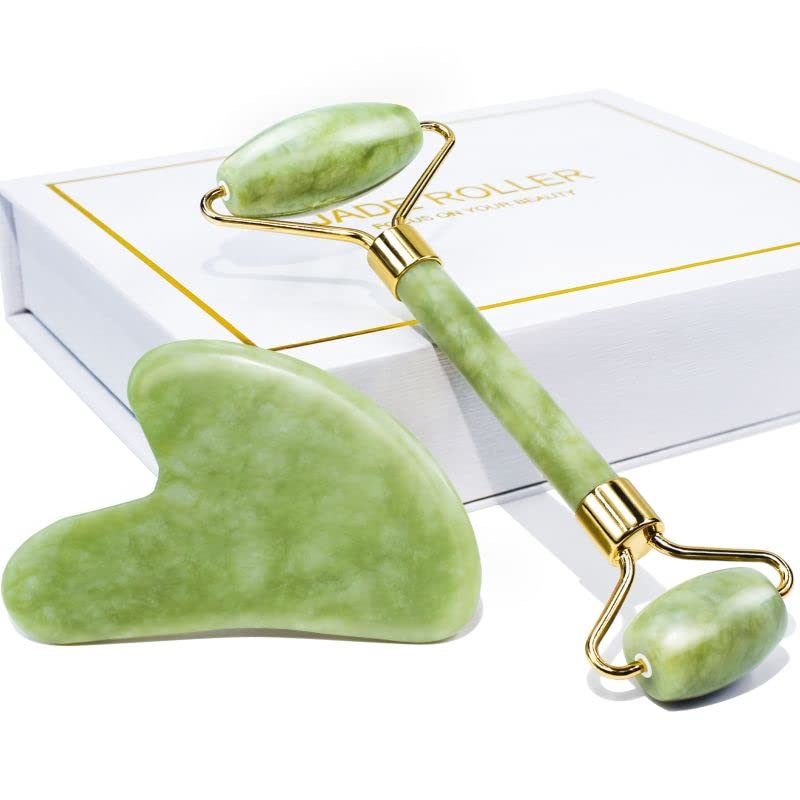 BAIMEI-Jade-Roller-Gua-Sha-Set-Face-Roller-and-Gua-Sha-Facial-Tools-for-Skin-Care-Routine-and-Puffiness-Green-0