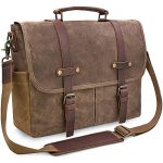 Mens-Messenger-Bag-156-Inch-Waterproof-Vintage-Genuine-Leather-Waxed-Canvas-Briefcase-Large-Leather-Computer-Laptop-Bag-Rugged-Satchel-Shoulder-Bag-Brown-0