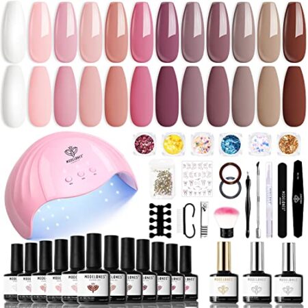 Modelones 35 Psc Gel Nail Polish Kit with U V Light 48W Nail Dryer 12 Colors White Pastel Pink Gel Nail Polish Set…