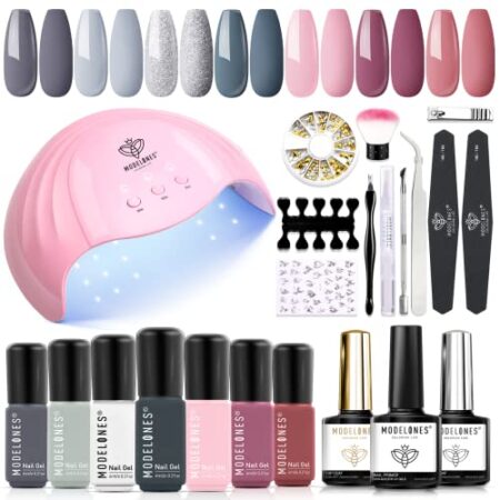 Modelones Gel Nail Polish Kit with U V Light 48W LED Nail Lamp 7 Colors Nude Gray Pink Gel Polish Starter Kit Manicure…