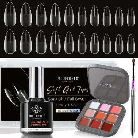 Modelones Nail Tips and Glue Gel Nail Kit- 15ml 4 In 1 Nail Gel and Base Gel with 9 Colors Jelly Gel Polish Manicure…